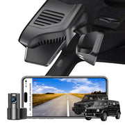 Car dashboard camera system with smartphone display and vehicle illustration.