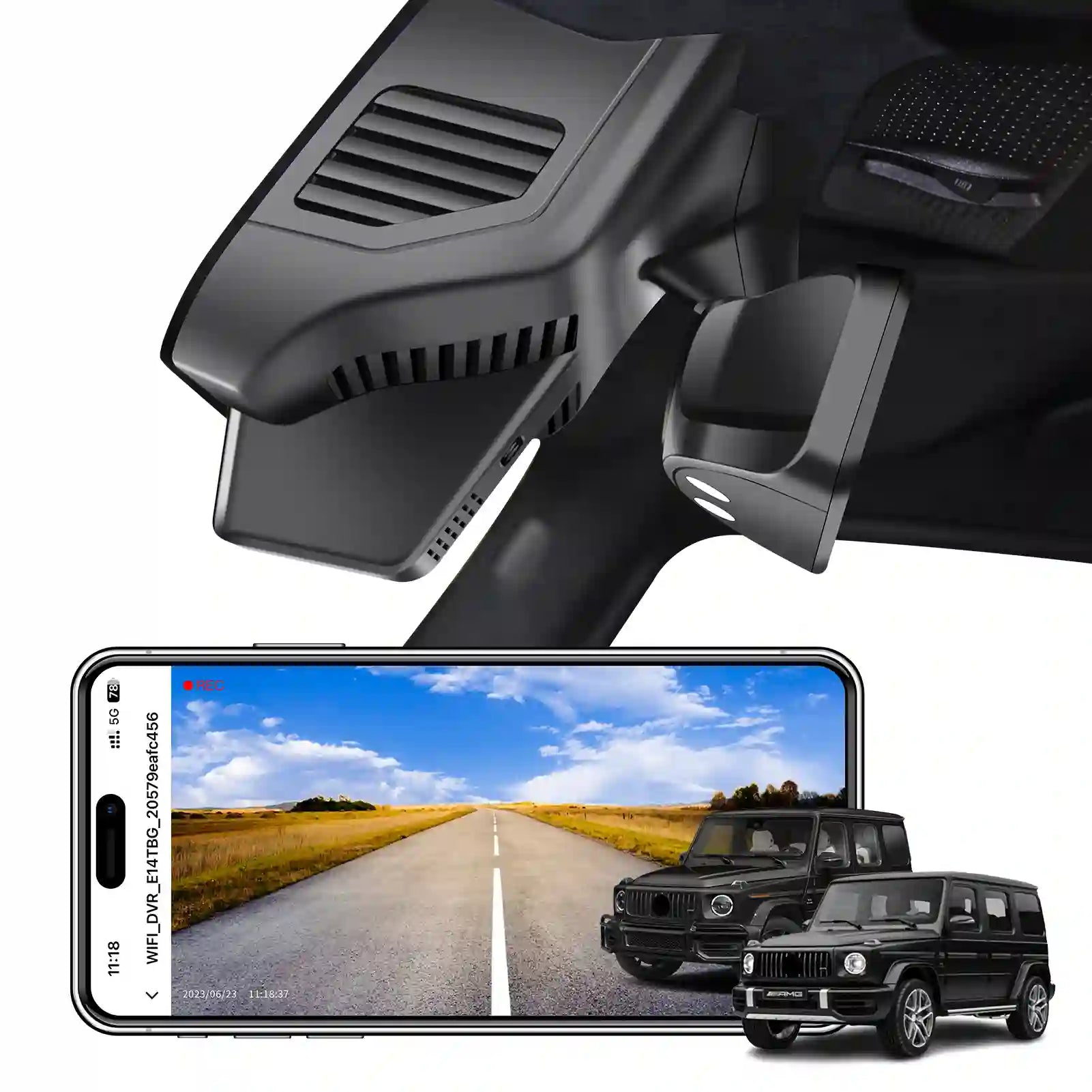 Car dashboard camera mounted on a car's windshield with a smartphone displaying a road scene.