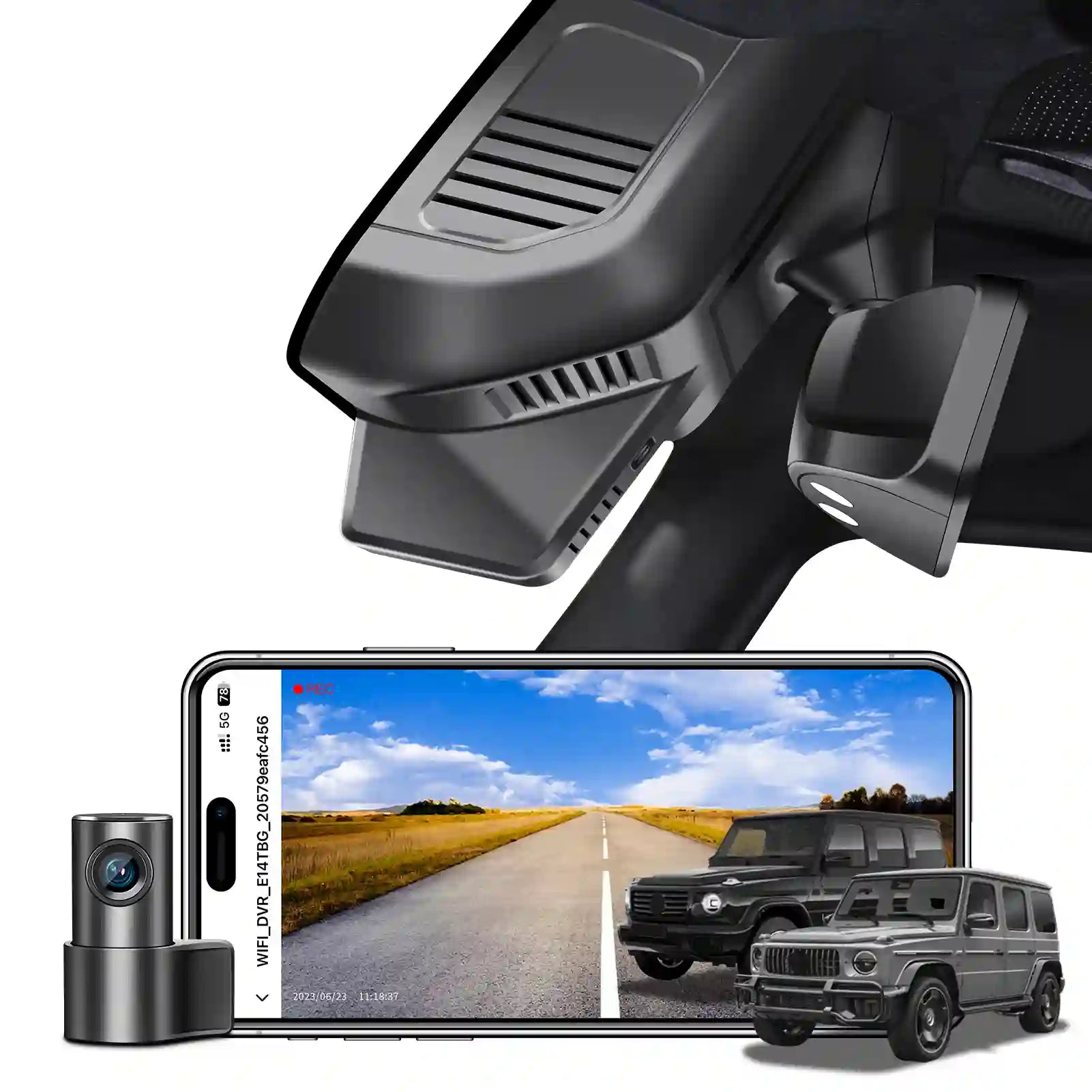 Car dashboard camera with smartphone displaying road view and vehicle illustration.