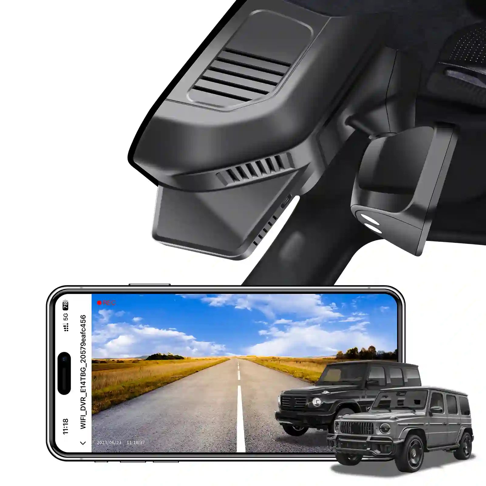 Car dashboard camera with smartphone displaying road scene and vehicles.