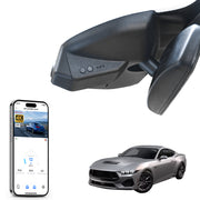 Car rearview mirror built-in dash cam with smartphone app control, 4K Ultra HD recording, GPS tracking, and Ford Mustang sports car models in the background.