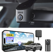 Car dual channel dash camera system, smartphone app control, 4K Ultra HD recording, GPS tracking, and Audi vehicles models in the background. 