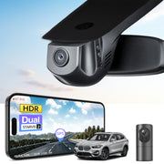 2 channel dash cam with dual STARVIS 2, features smartphone app control, 4K Ultra HD recording, GPS tracking, and BMW X1 Gen2 SUV models in the background. 