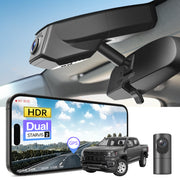 2 channel dash cam with dual STARVIS 2, features smartphone app control, 4K Ultra HD recording, GPS tracking, and Chevy Colorado Pickup models in the background.  