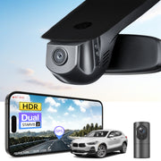 2 channel dash cam with dual STARVIS 2, features smartphone app control, 4K Ultra HD recording, GPS tracking, and BMW X2 Gen1 SUV models in the background.  