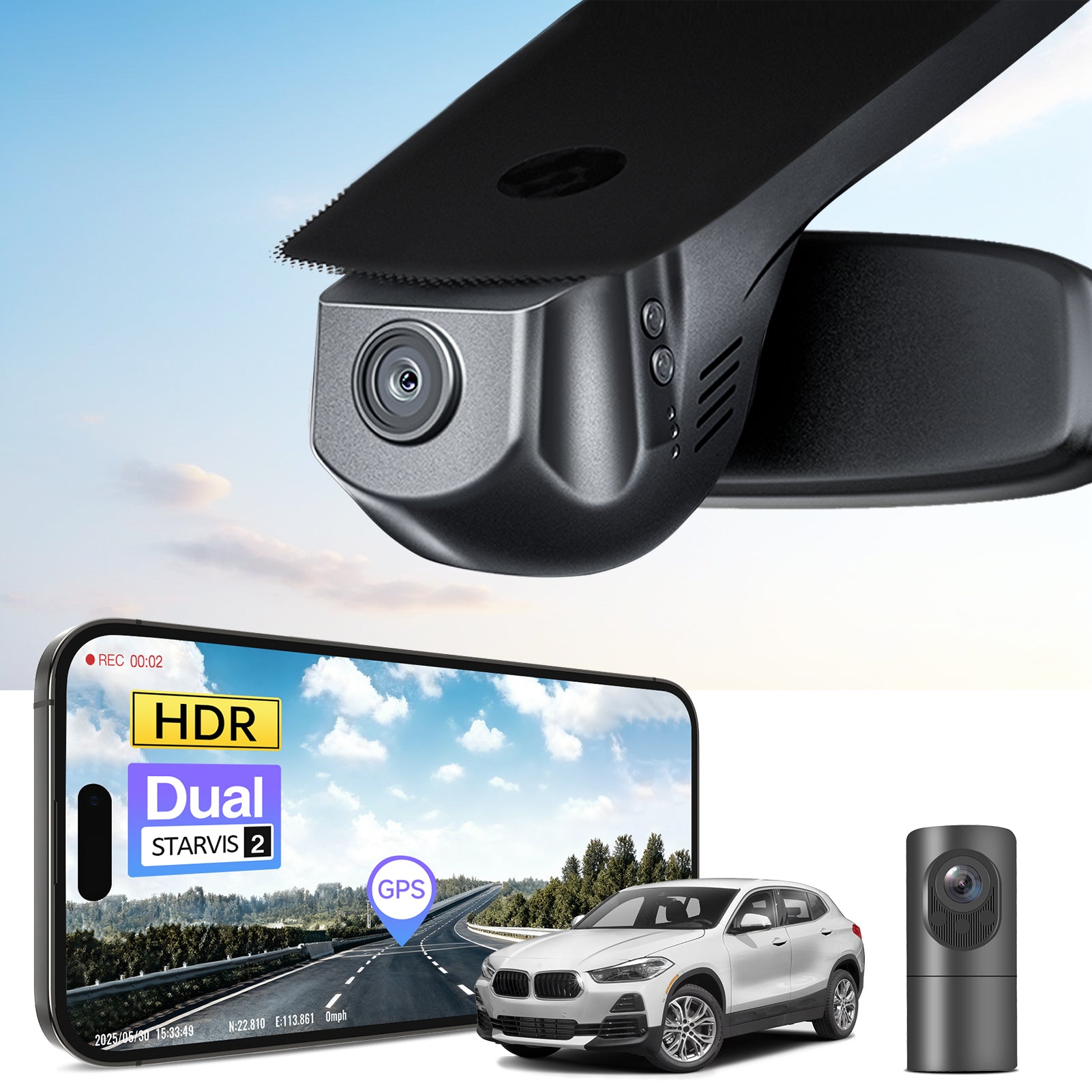 2 channel dash cam with dual STARVIS 2, features smartphone app control, 4K Ultra HD recording, GPS tracking, and BMW X2 Gen1 SUV models in the background.  