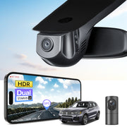 2 channel dash cam with dual STARVIS 2, features smartphone app control, 4K Ultra HD recording, GPS tracking, and BMW X3 Gen2 SUV models in the background.  