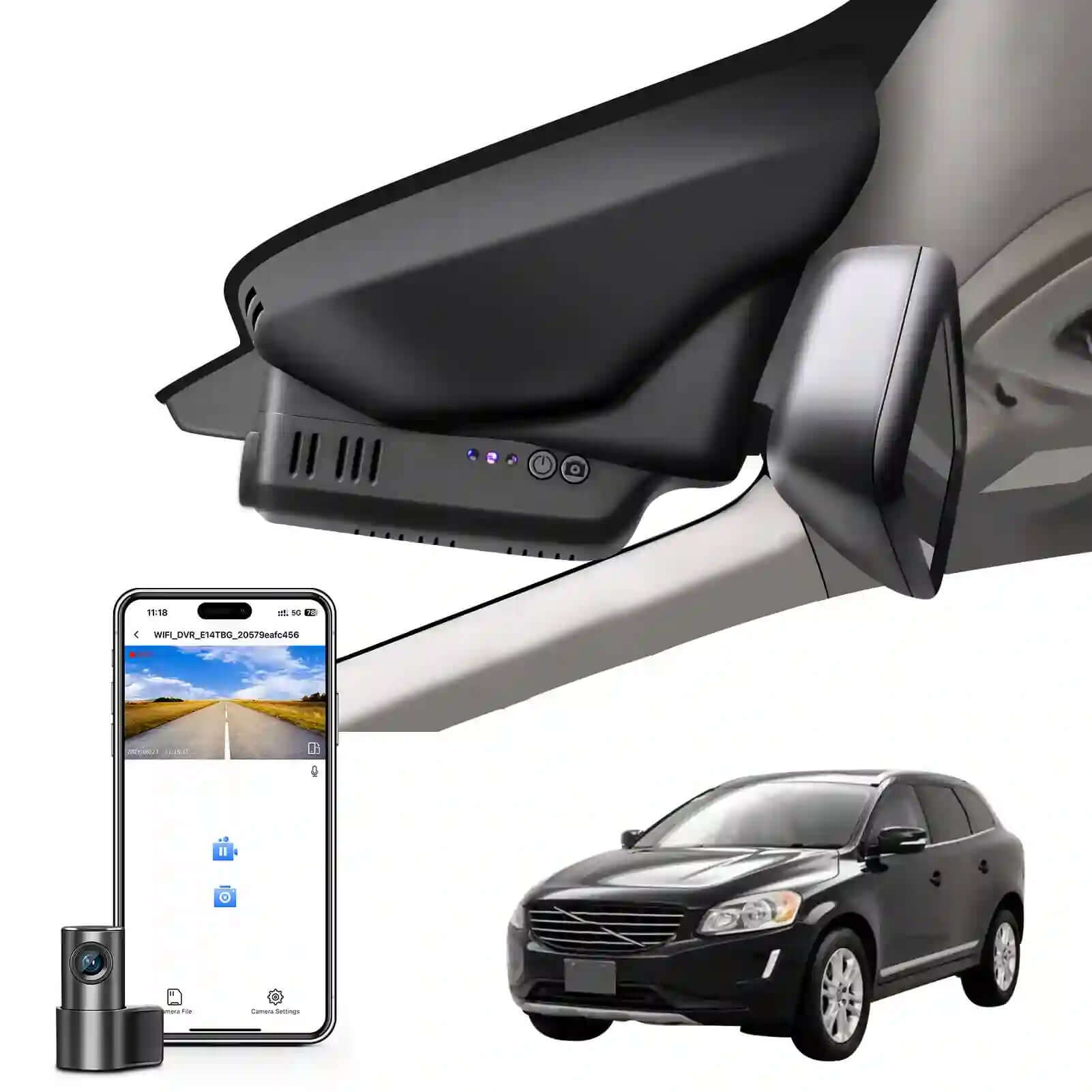2 channel dash cam with dual STARVIS 2, features smartphone app control, 4K Ultra HD recording, GPS tracking, and Volvo XC60 SUV in the background.  