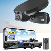 2 channel dash cam with dual STARVIS 2, features smartphone app control, 4K Ultra HD recording, GPS tracking, and Chevy Colorado Pickup models in the background.  
