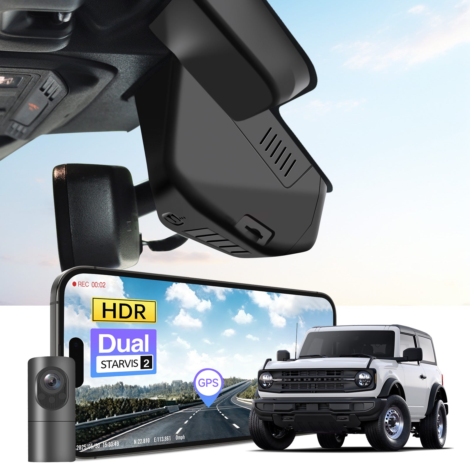 Car dashboard camera system with smartphone displaying camera feed, 4K Ultra HD recording, GPS tracking, and Ford Bronco SUV models in the background.