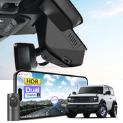 Car dashboard camera system with smartphone displaying camera feed, 4K Ultra HD recording, GPS tracking, and Ford Bronco SUV models in the background.