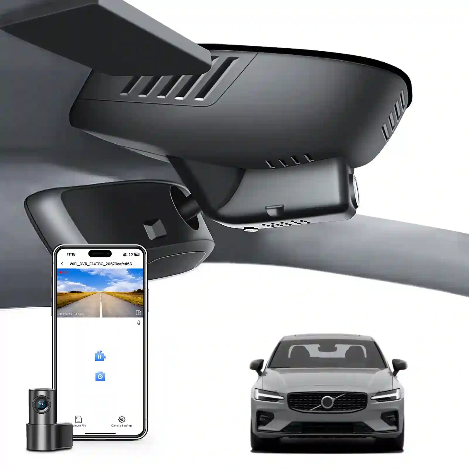 2 channel dash cam with dual STARVIS 2, features smartphone app control, 4K Ultra HD recording, GPS tracking, and Volvo S60 Sedan, V60 Wagon in the background.  