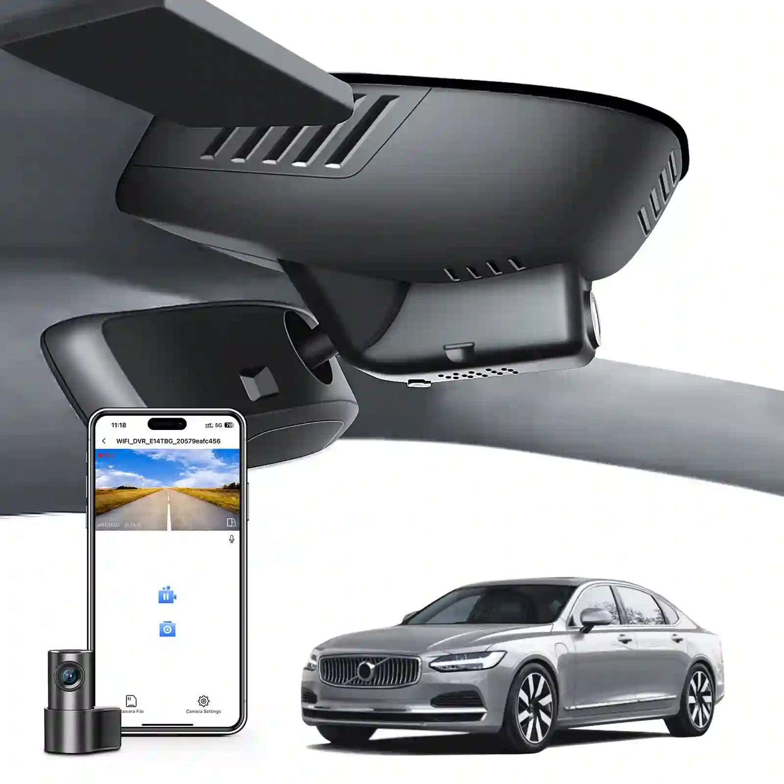 2 channel dash cam with dual STARVIS 2, features smartphone app control, 4K Ultra HD recording, GPS tracking, and Volvo S90 Sedan, V90 Wagon in the background.  