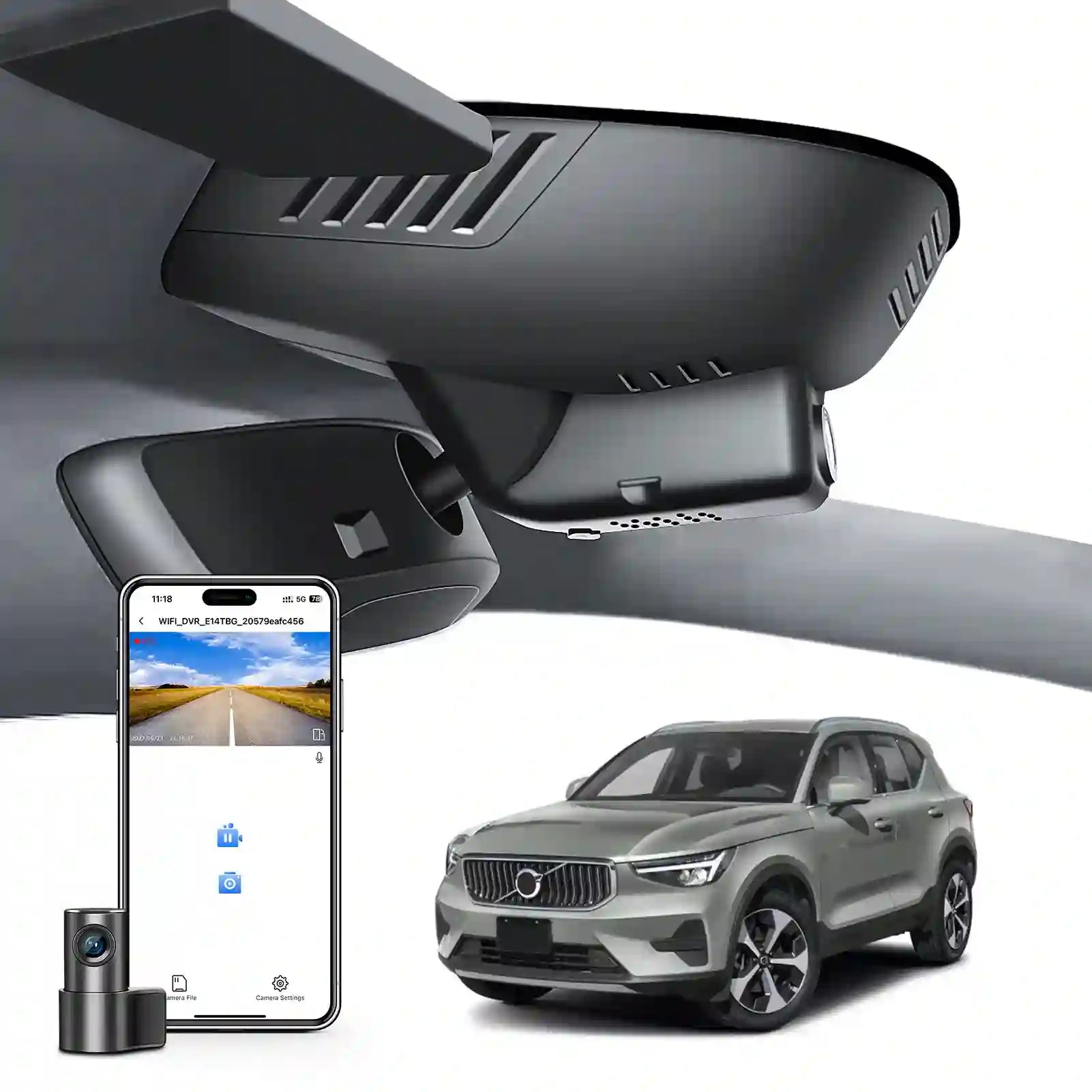 2 channel dash cam with dual STARVIS 2, features smartphone app control, 4K Ultra HD recording, GPS tracking, and Volvo XC40 SUV in the background.  