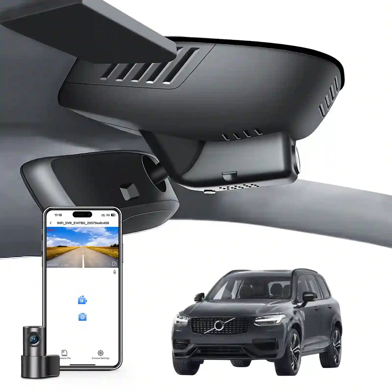 2 channel dash cam with dual STARVIS 2, features smartphone app control, 4K Ultra HD recording, GPS tracking, and Volvo XC90 SUV in the background.  