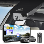 2 channel dash cam with dual STARVIS 2, features smartphone app control, 4K Ultra HD recording, GPS tracking, and Toyota Camry Sedan models in the background.  