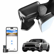 Car mirror with built-in camera, smartphone displaying camera feed, and a car in the background. Mustang Model-C dash camera 