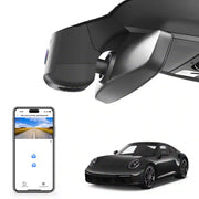 Car dashboard camera, smartphone app, and black car on a white background porsche one channel camera 