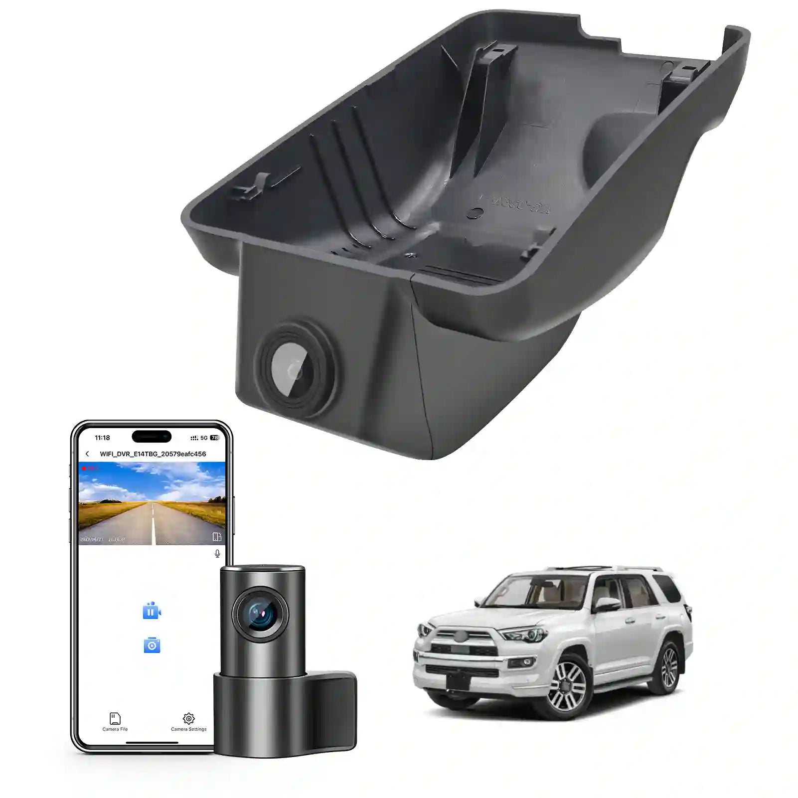 Car camera system with smartphone app, car, and camera on a white background
