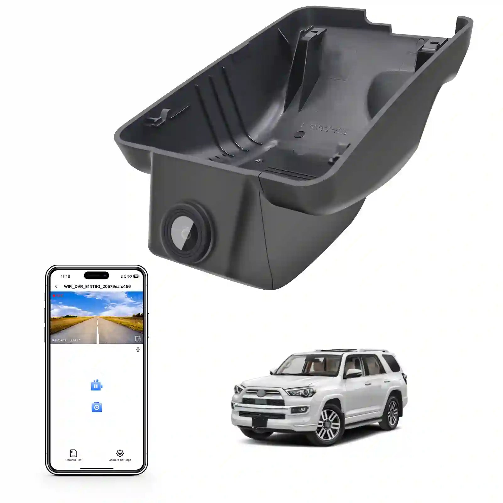 Car backup camera with smartphone app and vehicle display on a white background