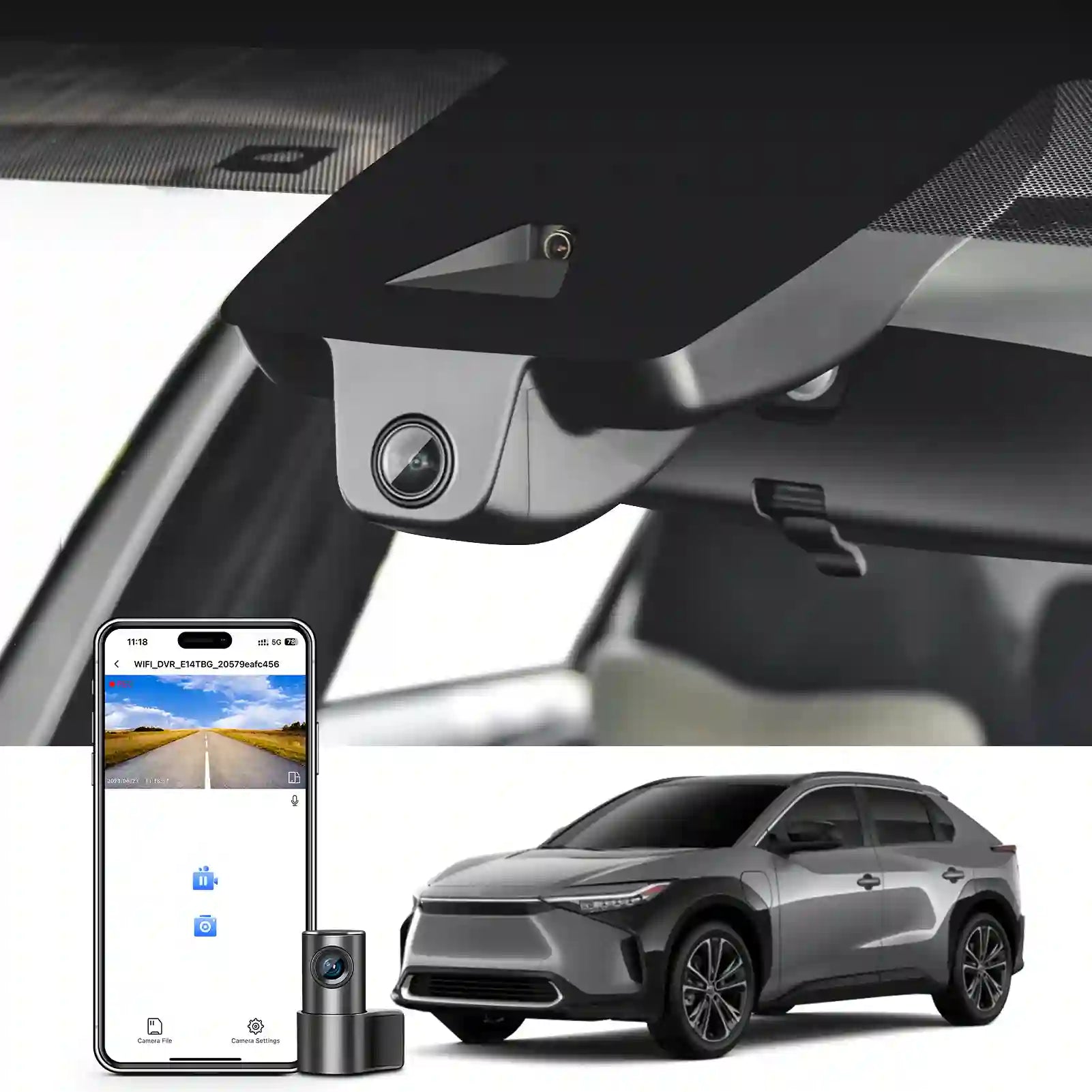 Car rearview camera system with smartphone app interface and car model.