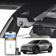 Car rearview camera system with smartphone app interface and car model.