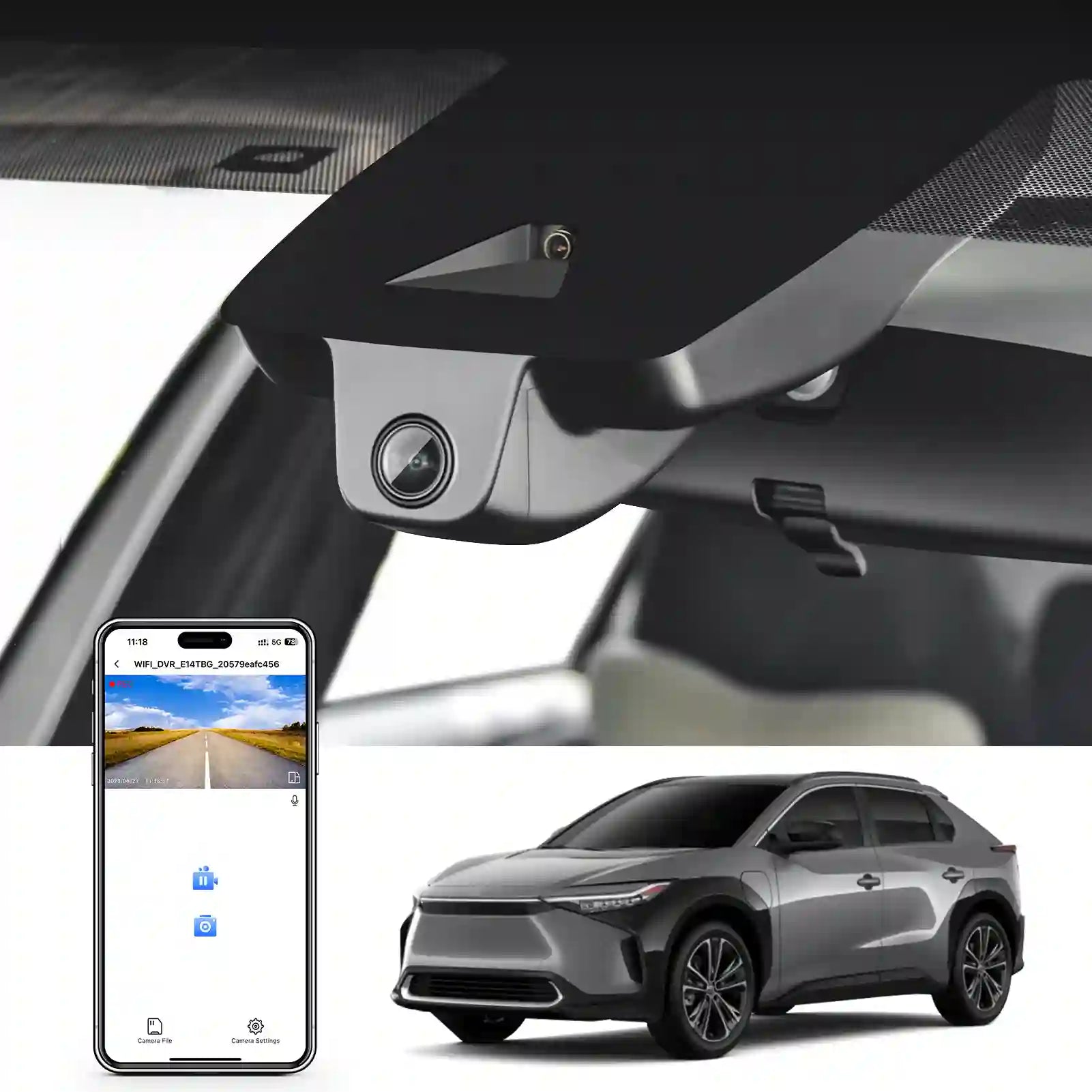 Car rearview mirror with built-in camera, smartphone displaying app interface, and car exterior.