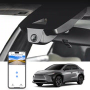 Car rearview mirror with built-in camera, smartphone displaying app interface, and car exterior.