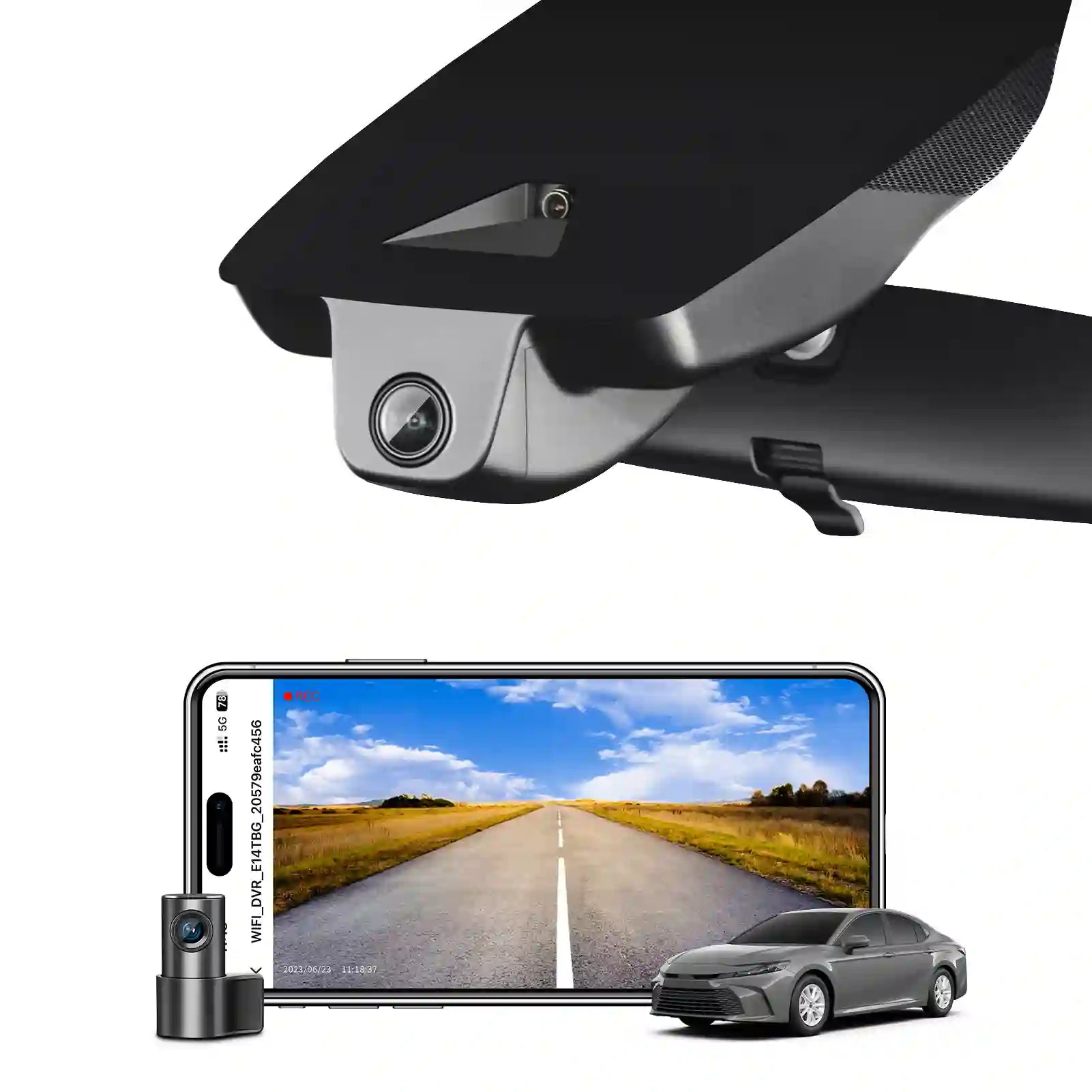 Car camera system with smartphone displaying road view and car in the background dual camera 