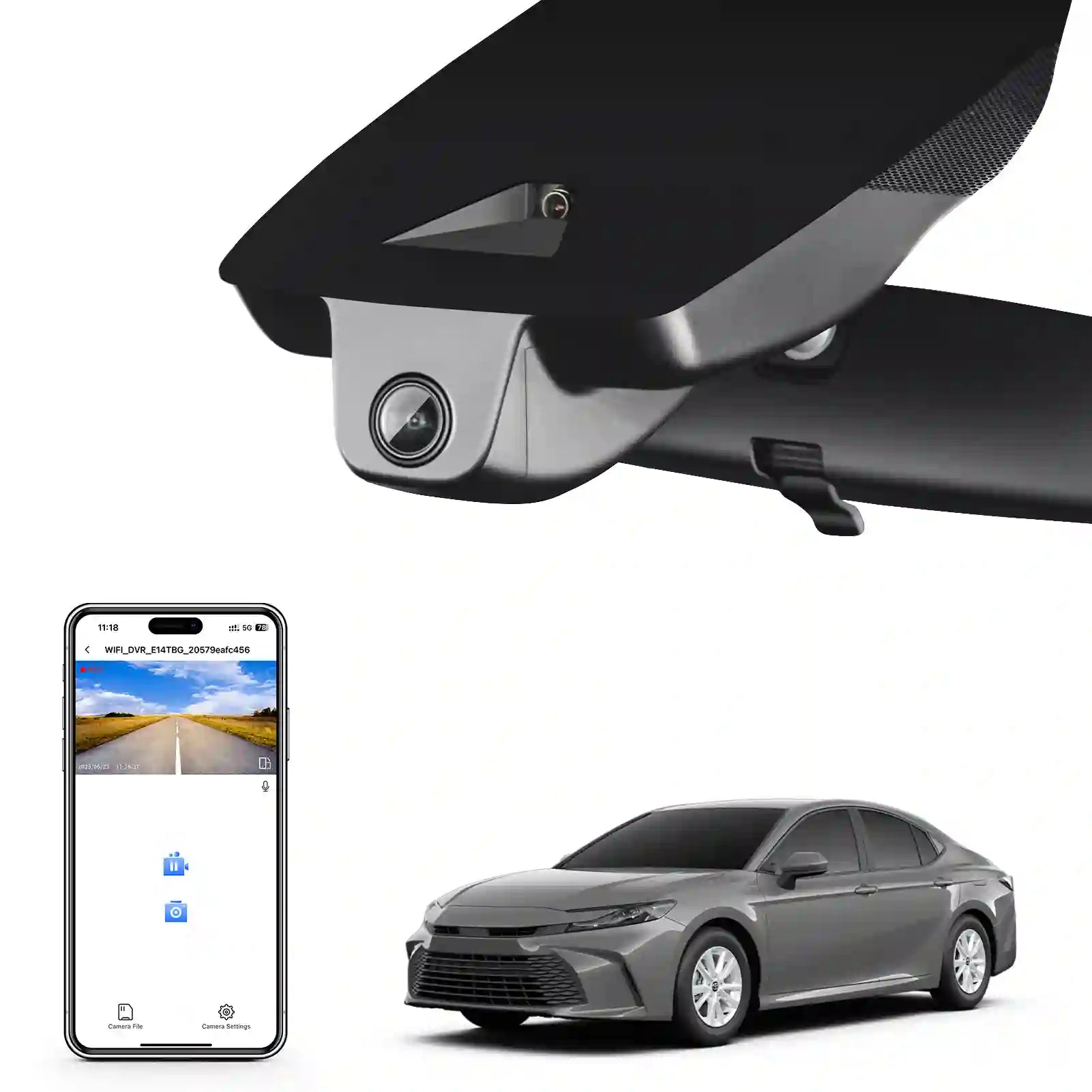 Car camera with smartphone app and car on a white background camry front camera 