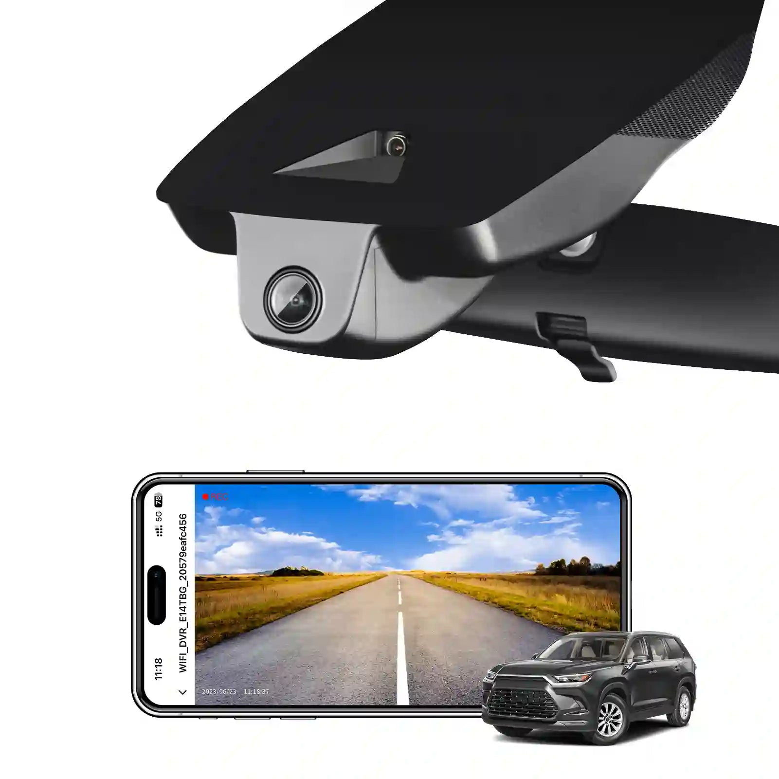 Car camera system with smartphone displaying road view and car in the background   For mangoal tech dash camera