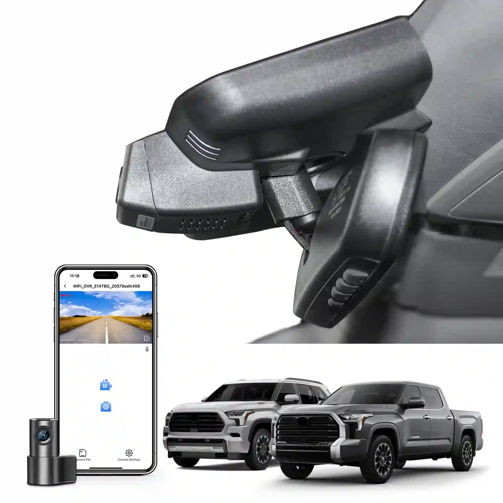 Car side mirror with camera and smartphone displaying app interface, with two trucks in the background.