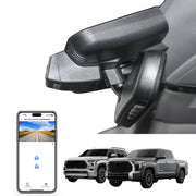 Car camera system with smartphone app interface and two trucks displayed.