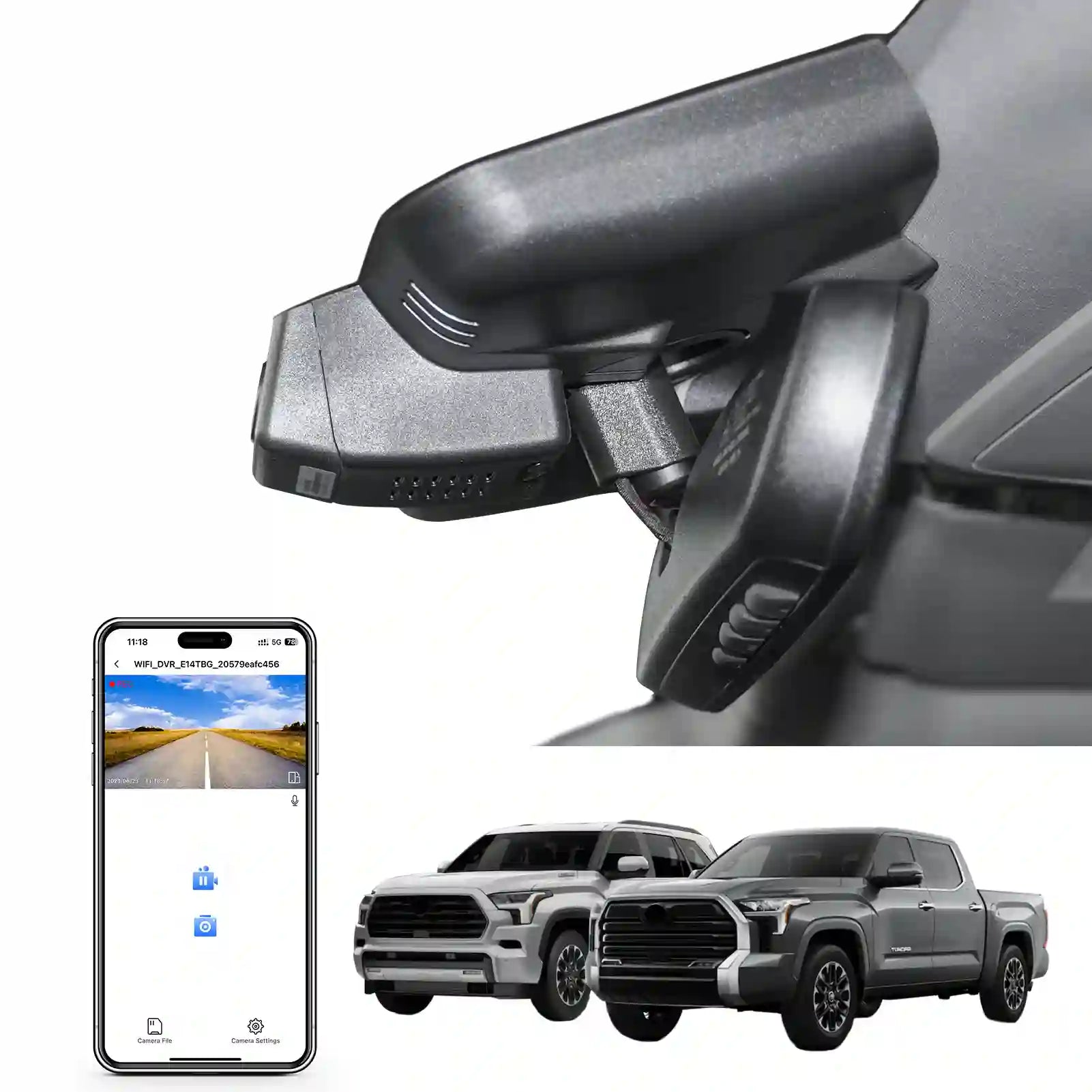 Car camera system with smartphone app interface and two trucks displayed.