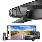 Car dashboard camera system with smartphone display and car model.
