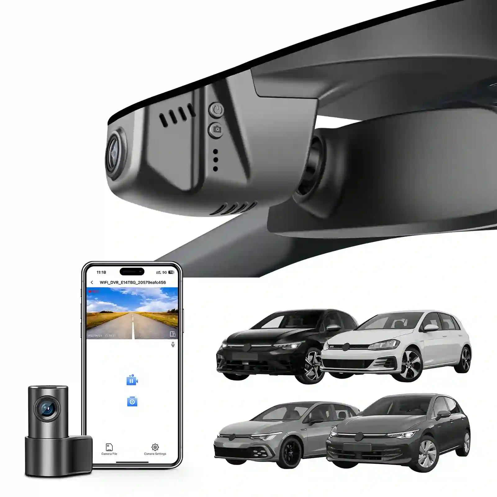 Car dashboard camera with smartphone app interface and multiple cars in the background