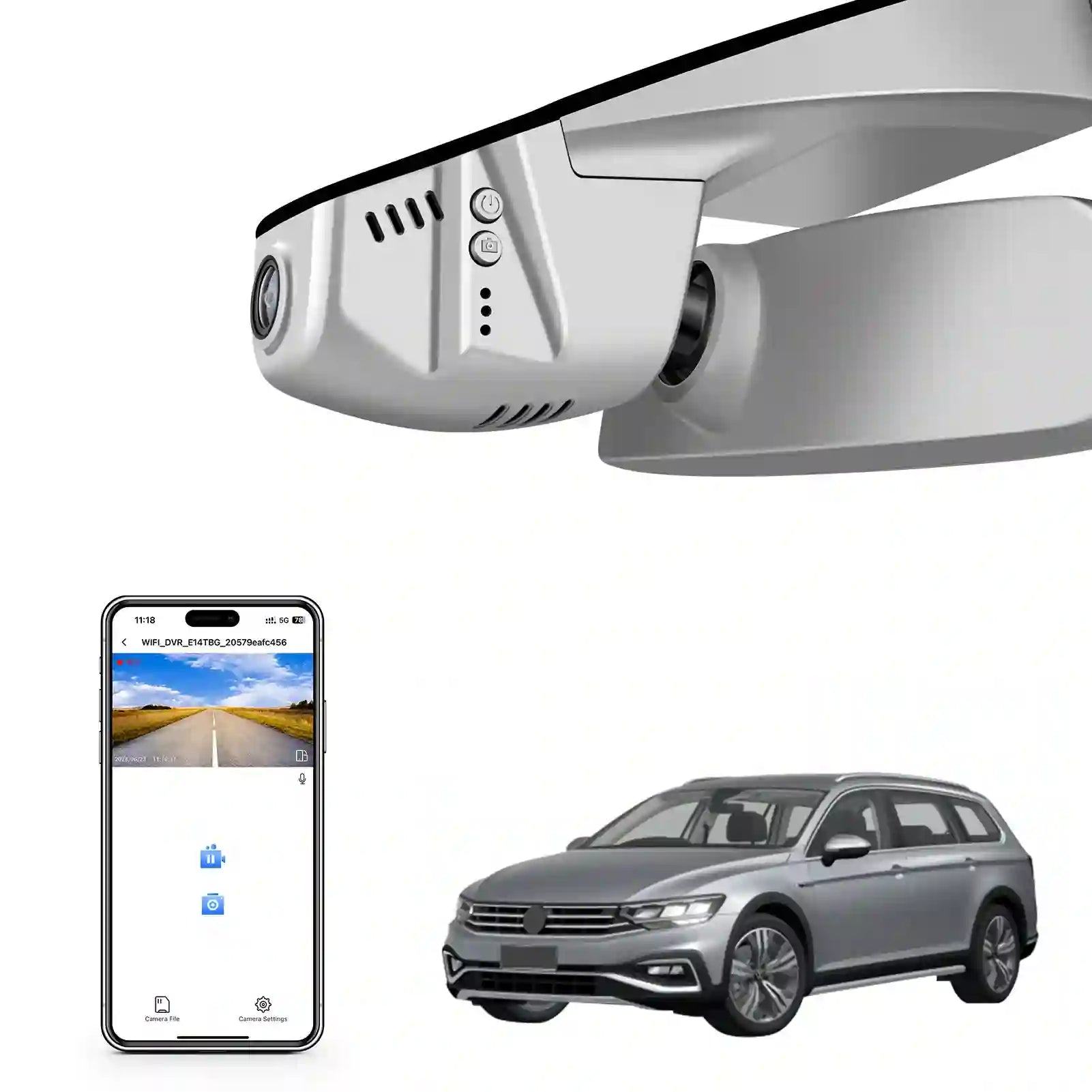 Car dashboard camera with smartphone app and car model 