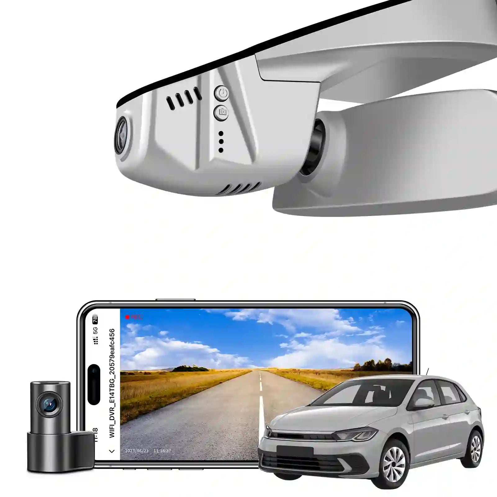 Car dashboard camera system with smartphone and car displayed on a white background