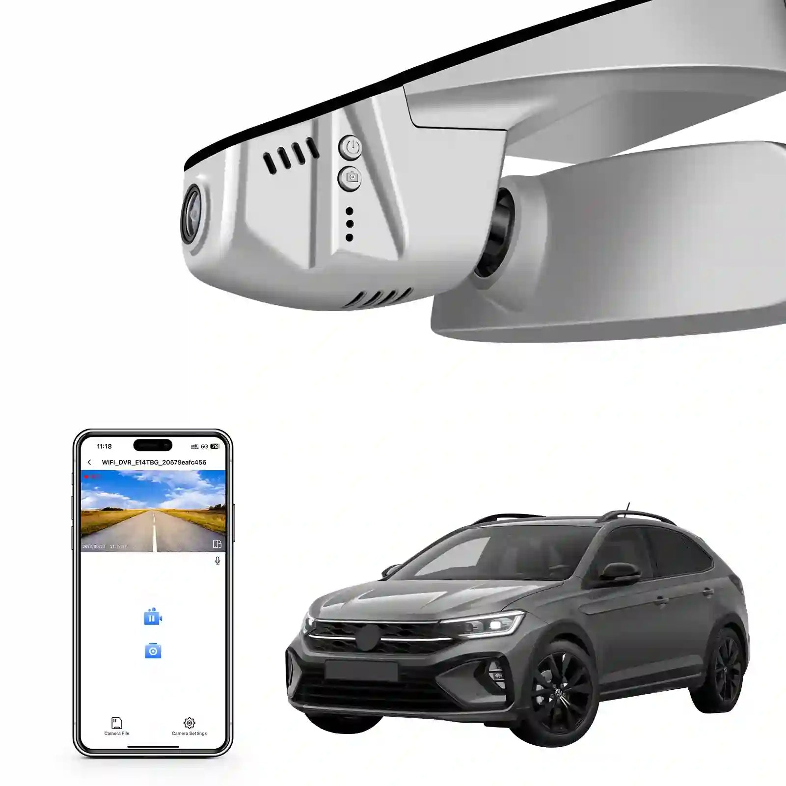 Car dashboard camera, smartphone app, and car on a white background