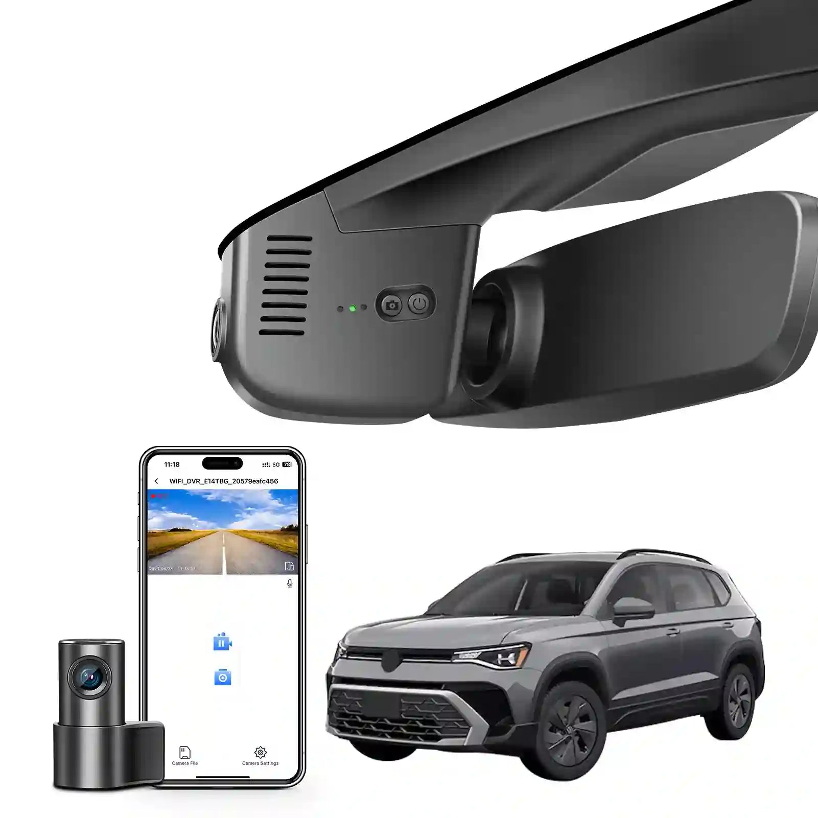 Car rearview mirror with camera, smartphone displaying camera feed, and SUV on a white background