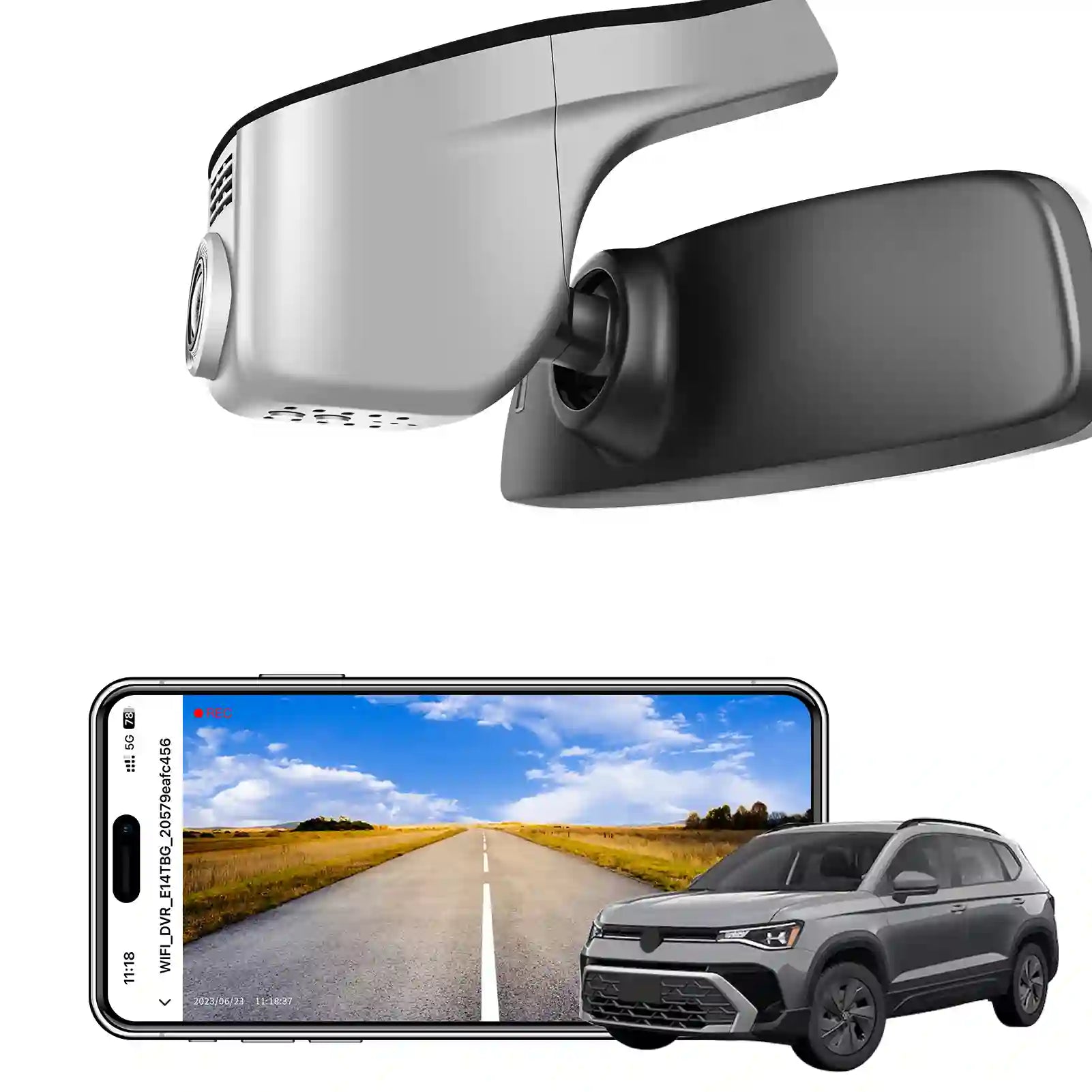Car side mirror with built-in camera and smartphone displaying a road view.