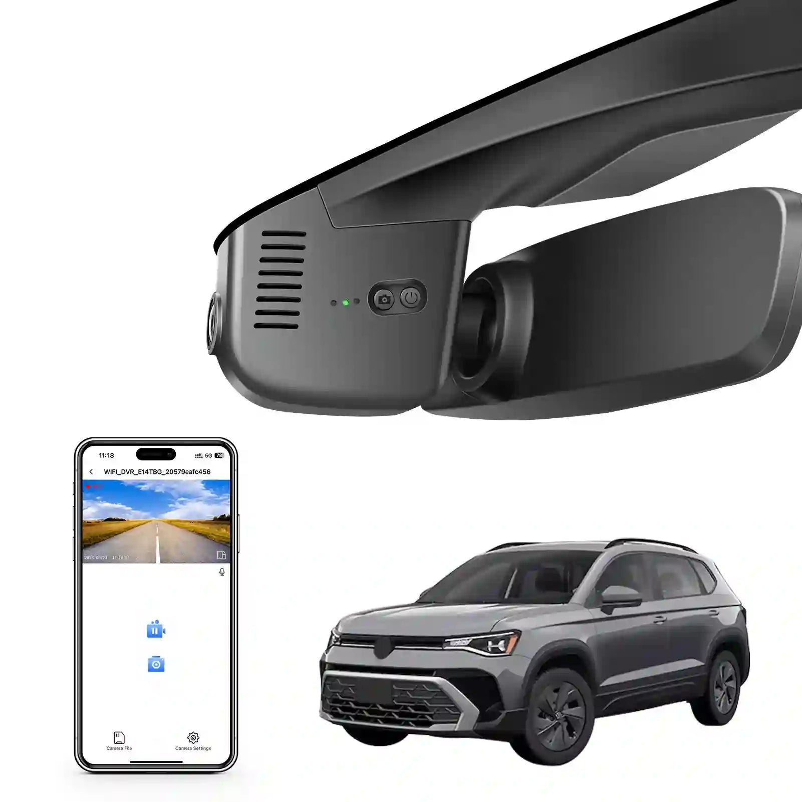 Car rearview mirror with built-in camera, smartphone displaying app interface, and SUV on a white background