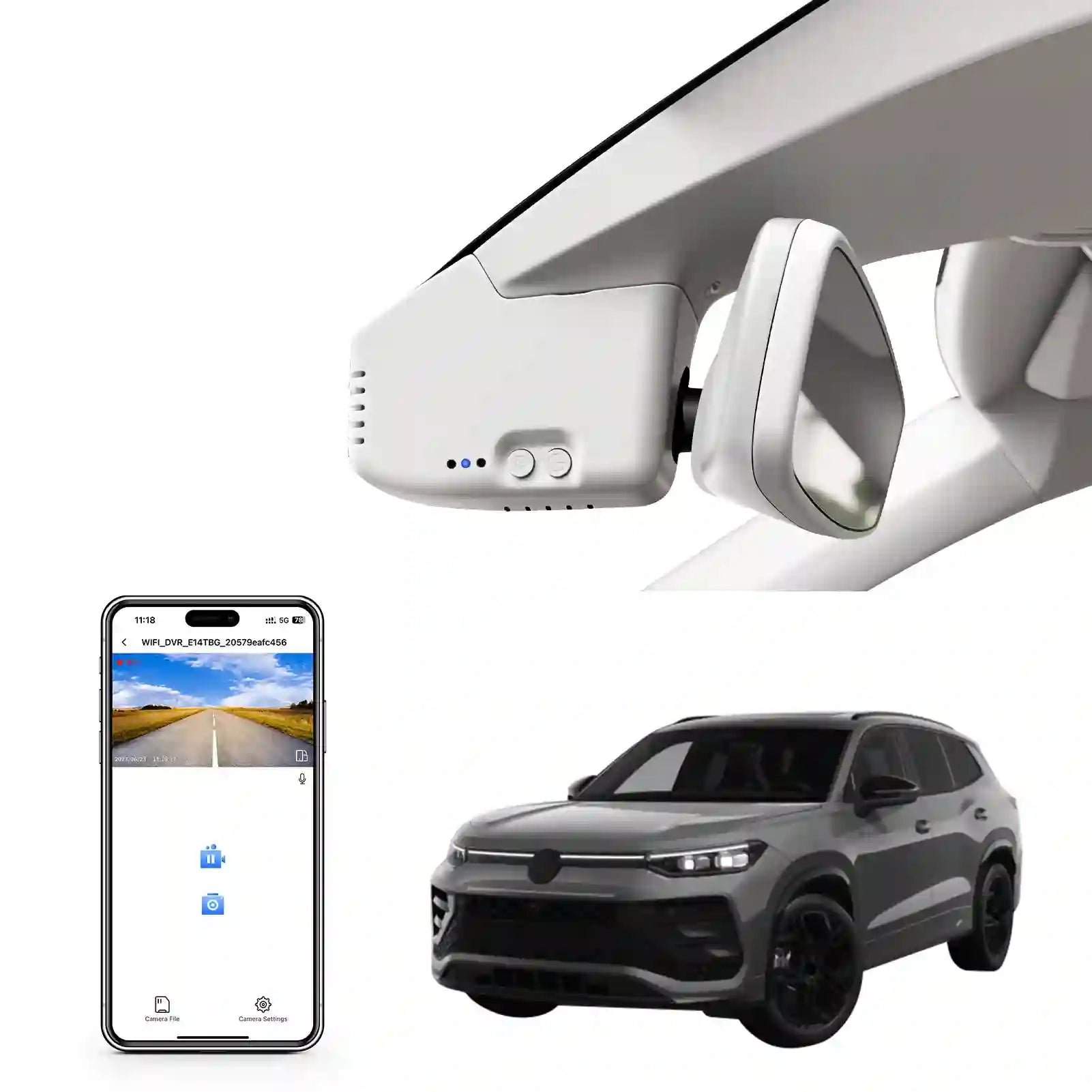 Car roof camera system with smartphone app interface and car model on a white background