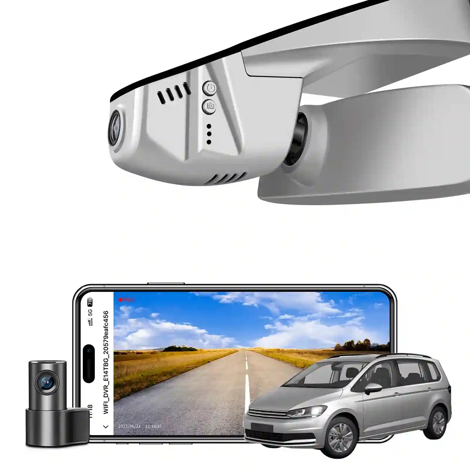 Car dashboard camera system with smartphone display and car model on a white background