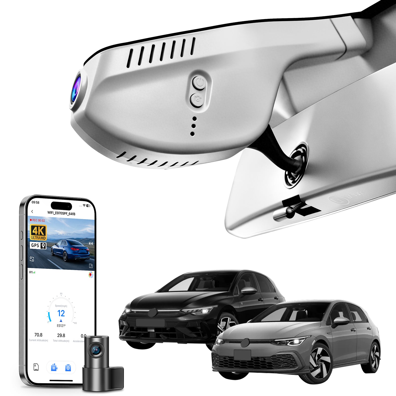 Mangoal Front 4K & Rear 1080P Dash Cam for Volkswagen Golf & Golf GTI & Golf R MK 7/7.5/8 2015-2025 (Model A Gray)