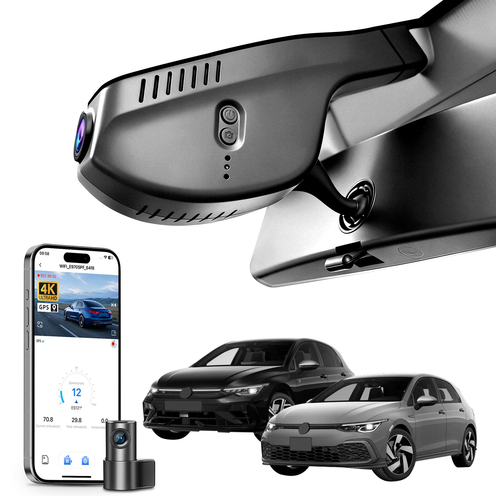 Mangoal Front 4K & Rear 1080P Dash Cam for Volkswagen Golf & Golf GTI & Golf R MK 7/7.5/8 2015-2025 (Model A Black)