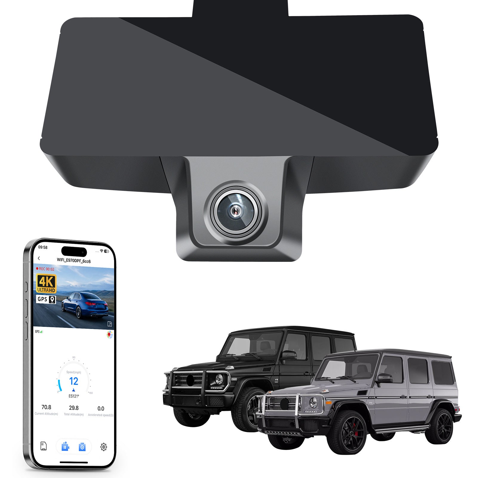 Car rearview mirror built-in dash cam with smartphone app control, 4K Ultra HD recording, GPS tracking, and Benz G-Class models in the background.