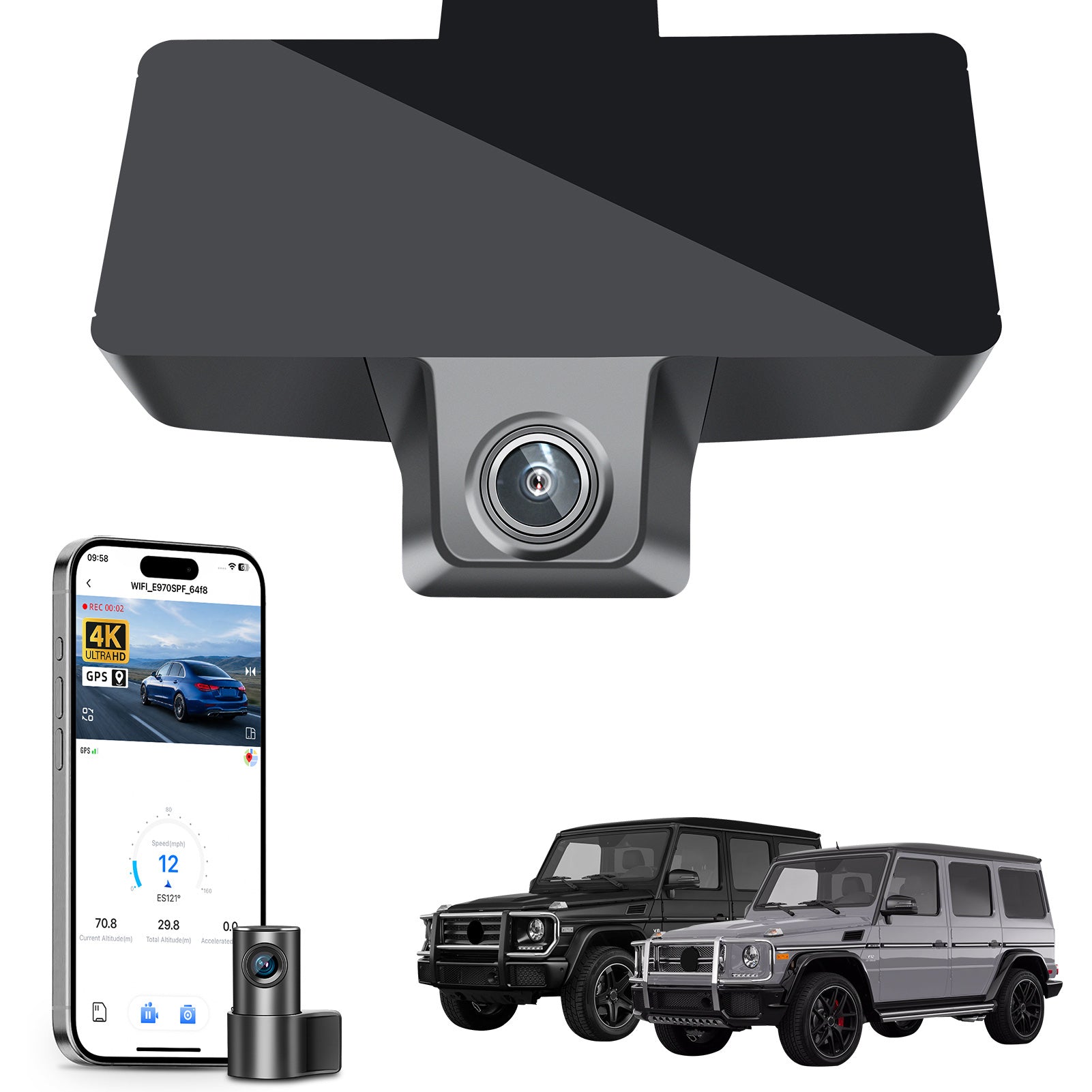 2 channel dash cam with dual STARVIS 2, features smartphone app control, 4K Ultra HD recording, GPS tracking, and Benz G-Class models in the background. 