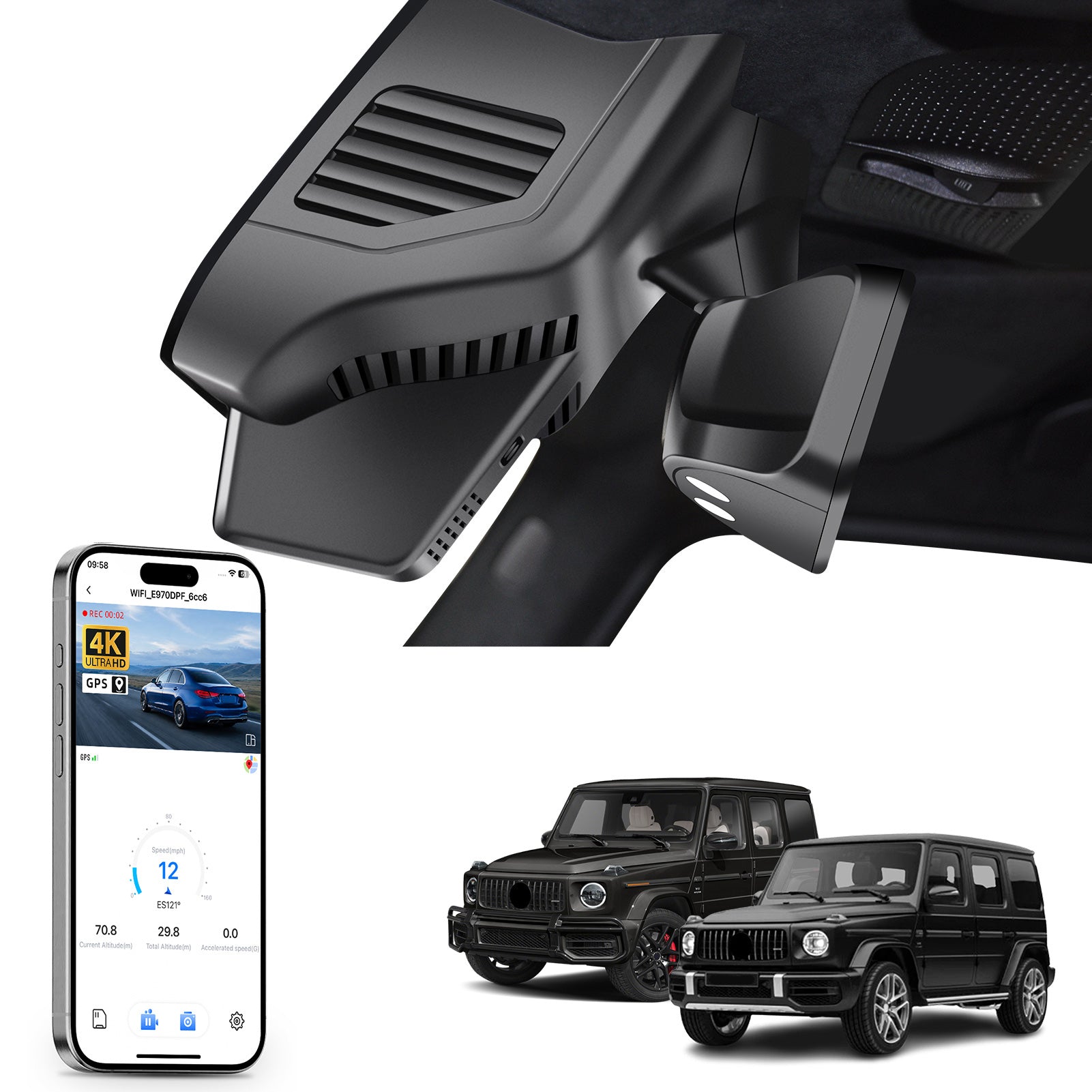 Car rearview mirror built-in dash cam with smartphone app control, 4K Ultra HD recording, GPS tracking, and Benz G-Class models in the background.