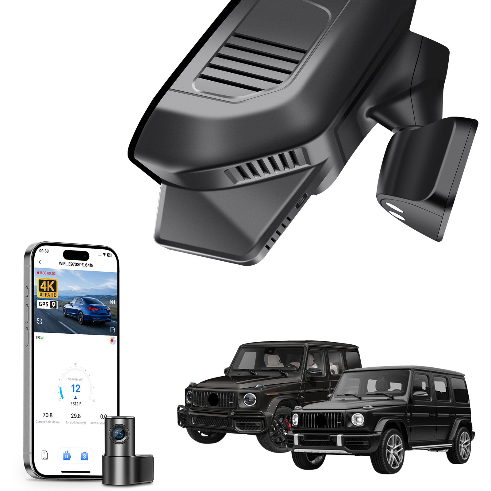 2 channel dash cam with dual STARVIS 2, features smartphone app control, 4K Ultra HD recording, GPS tracking, and Benz G-Class models in the background. 